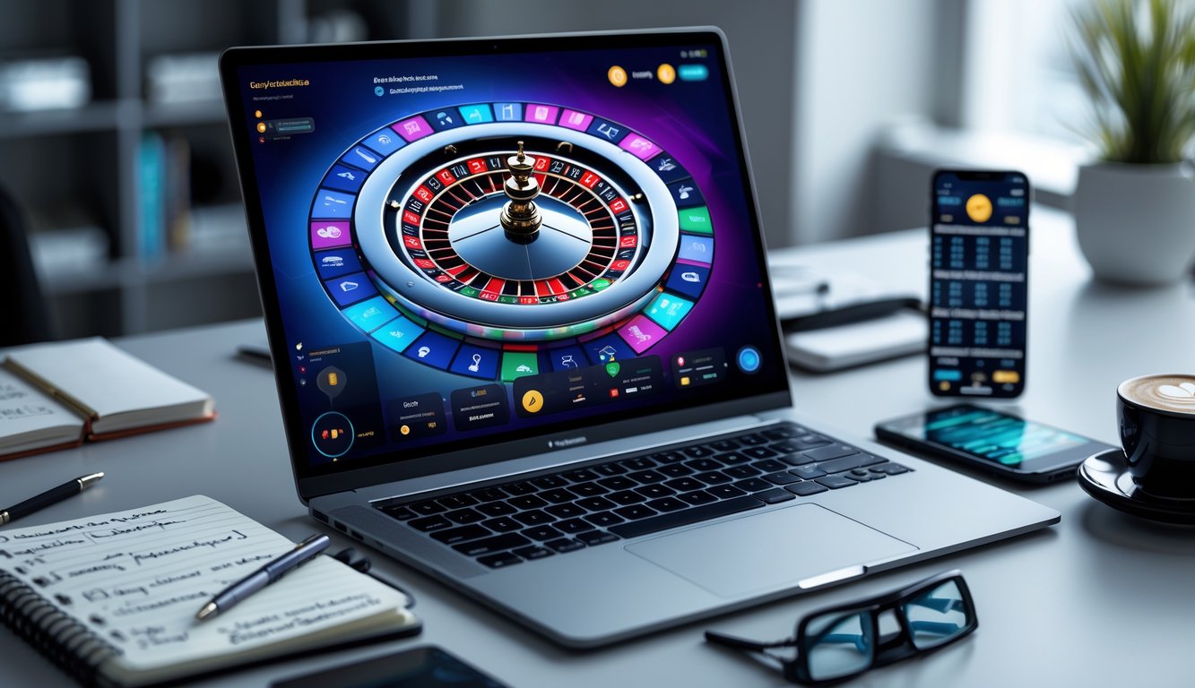 Meja kerja dengan laptop yang menampilkan roda roulette digital, buku catatan, ponsel, dan secangkir kopi.
