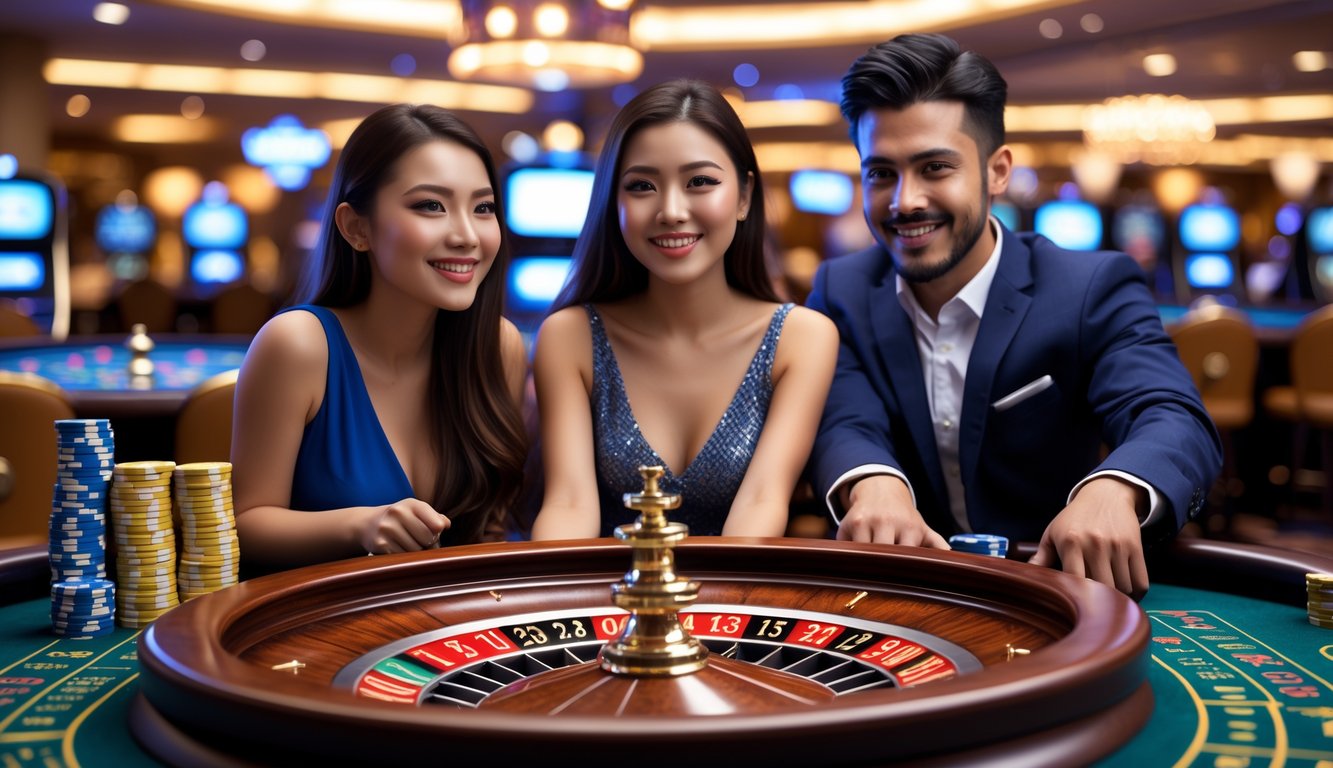 Seorang pria dan wanita muda berdiri di meja roulette di dalam kasino, tampak fokus dan antusias melihat roda roulette yang sedang berputar.