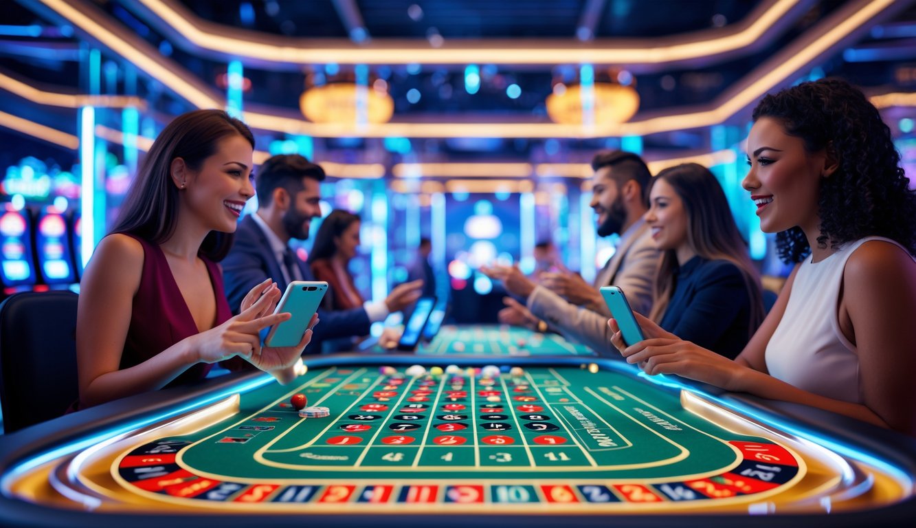 Suasana kasino virtual dengan meja roulette digital dan pemain menggunakan laptop serta ponsel dalam lingkungan futuristik.