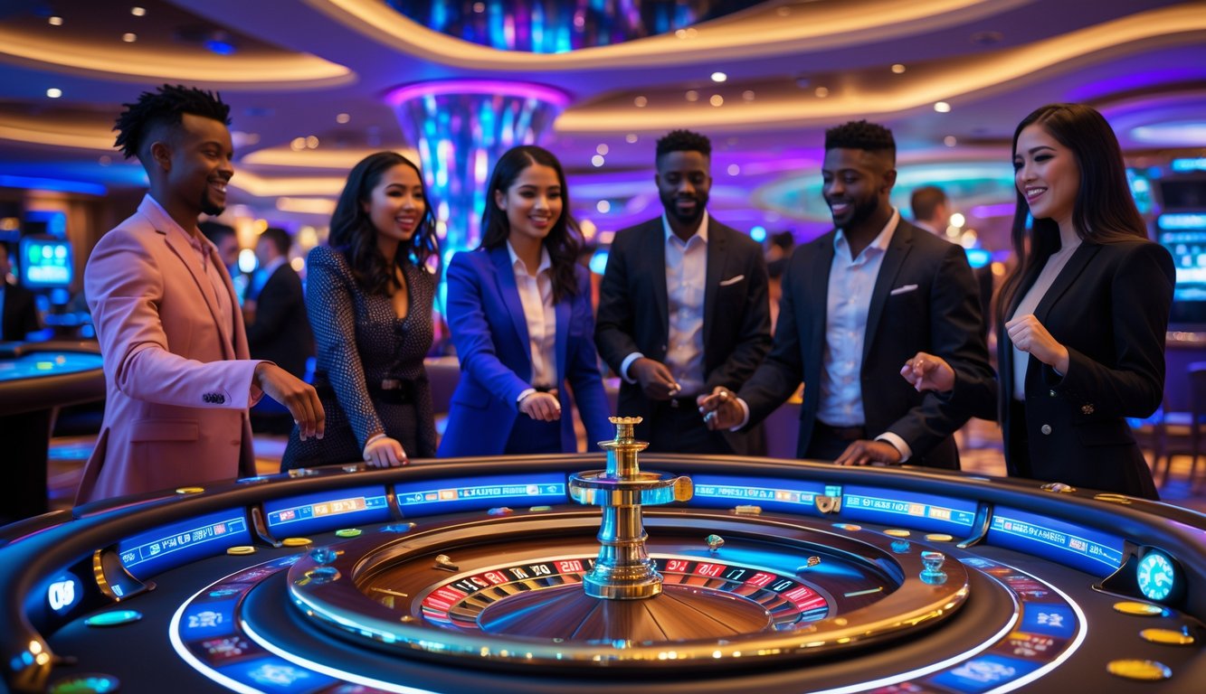 Meja roulette modern dengan pemain yang sedang bermain di dalam kasino mewah dengan pencahayaan berwarna-warni dan teknologi canggih.