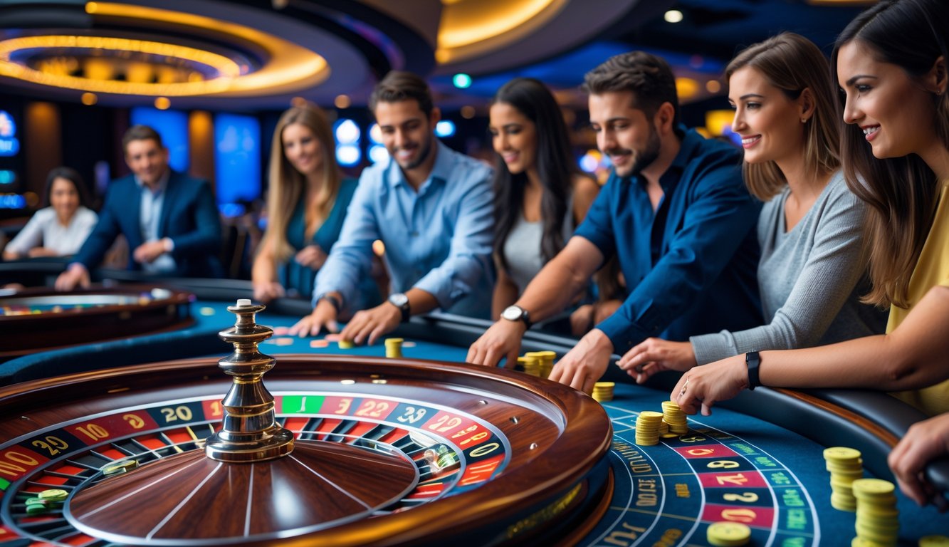 Orang-orang bermain roulette di meja kasino dengan roda roulette dan chip taruhan terlihat jelas.