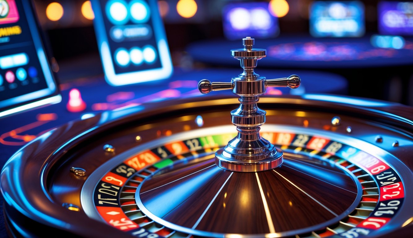 Roda roulette sedang berputar di meja taruhan dengan latar belakang suasana kasino modern.