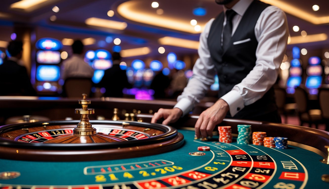 Meja roulette di kasino dengan dealer yang sedang memutar roda roulette dan tumpukan chip taruhan di sekitarnya.