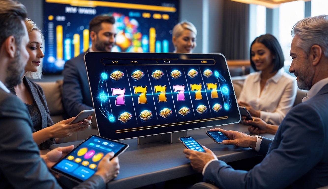 Orang-orang menggunakan perangkat digital untuk bermain slot online di lingkungan modern yang nyaman dan terang.