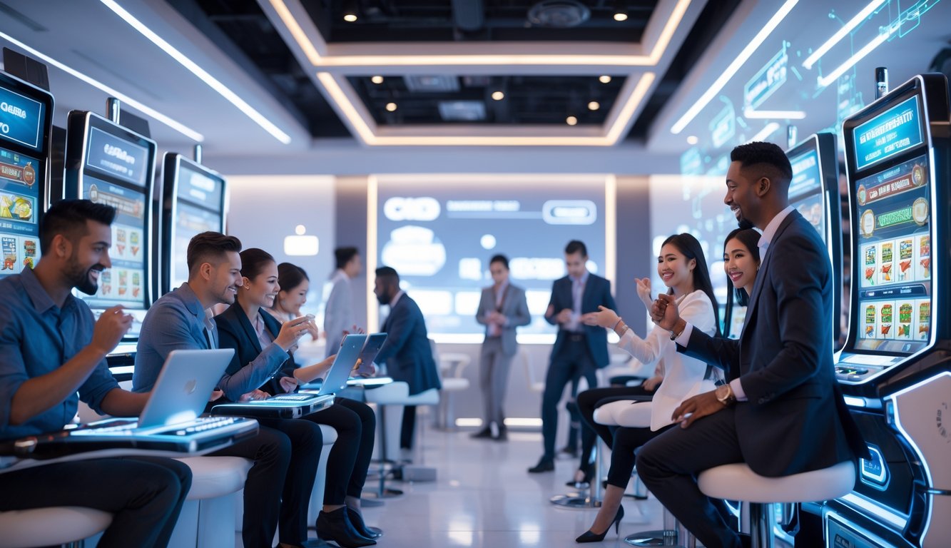 Beberapa orang bermain mesin slot online di ruang permainan modern dengan suasana cerah dan teknologi canggih.