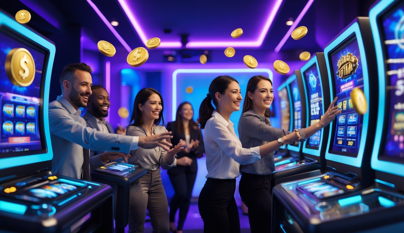 Orang-orang sedang bermain mesin slot digital di ruang bermain modern dengan suasana cerah dan warna neon.