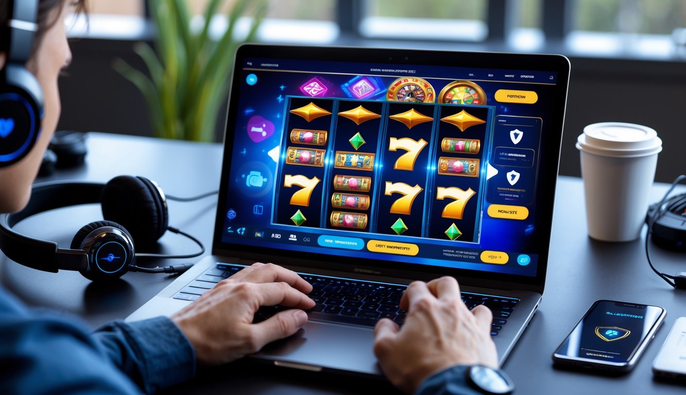 Seseorang menggunakan laptop dengan permainan slot online di layar, dikelilingi aksesori gaming dan simbol keamanan digital.