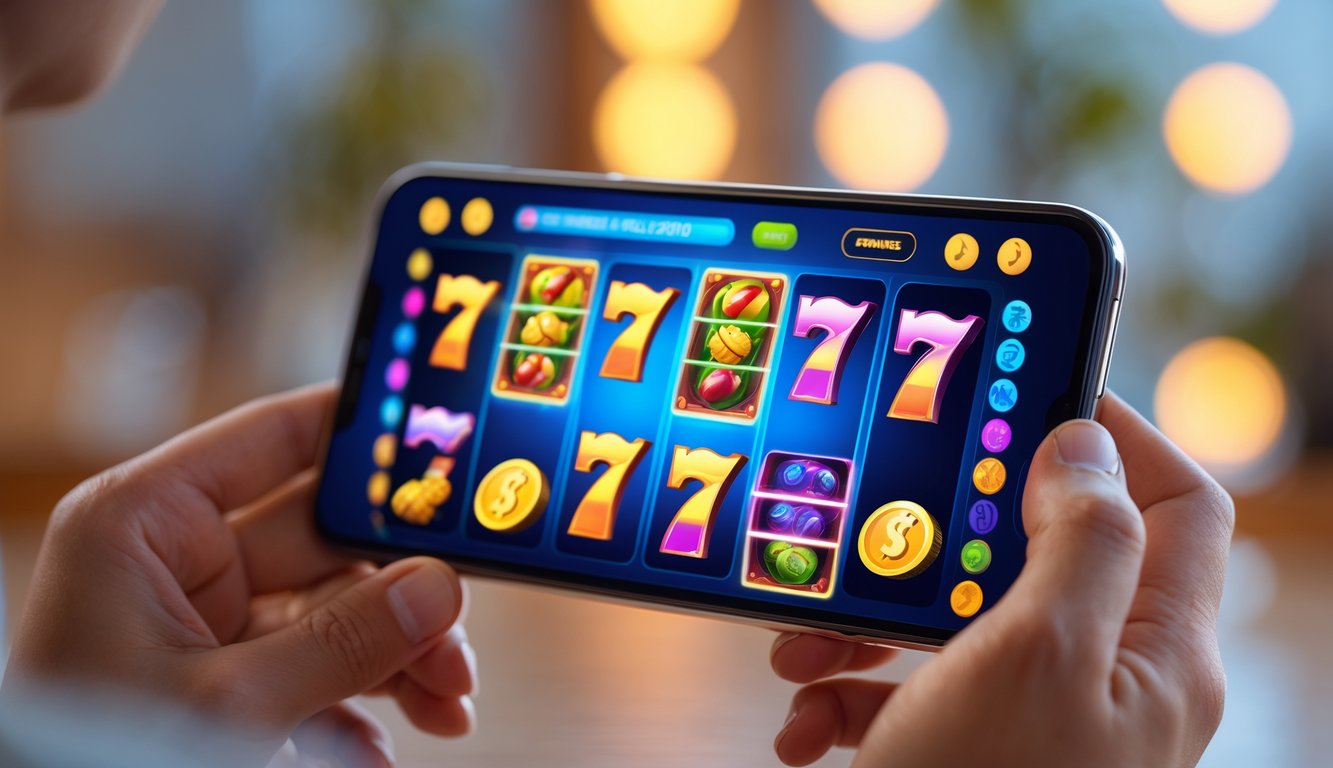 Seseorang memegang smartphone yang menampilkan permainan slot online berwarna-warni di layar.