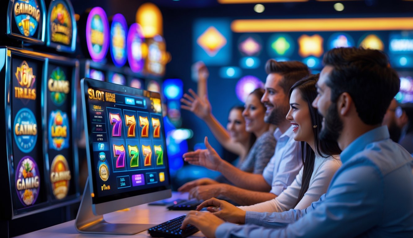 Orang-orang yang sedang bermain permainan slot online di komputer dalam ruangan terang dan modern.