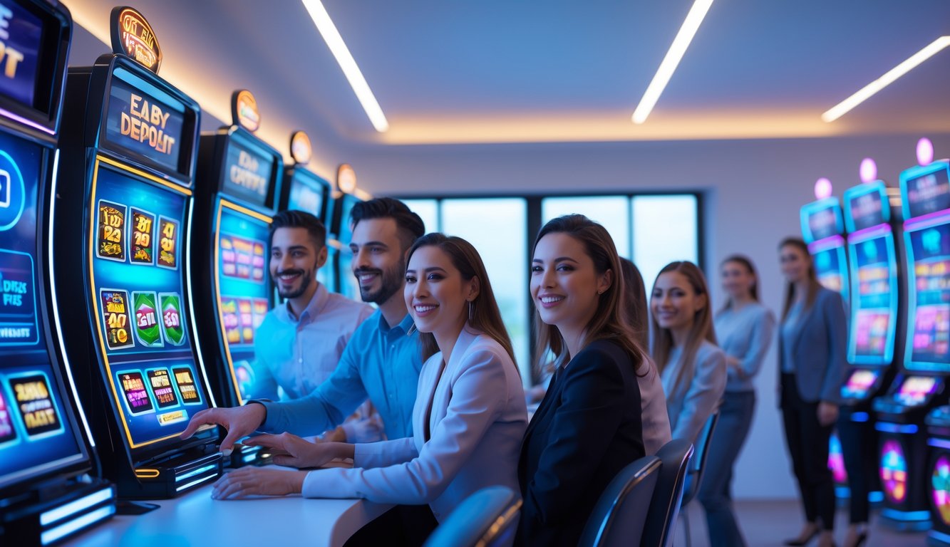 Orang-orang menggunakan perangkat digital untuk bermain slot online di lingkungan modern dan cerah yang menunjukkan kemudahan deposit dan suasana terpercaya.