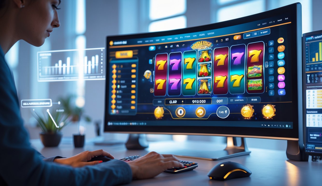 Seseorang sedang bermain permainan slot online di komputer dengan layar besar dan grafik warna-warni di meja kerja yang rapi.