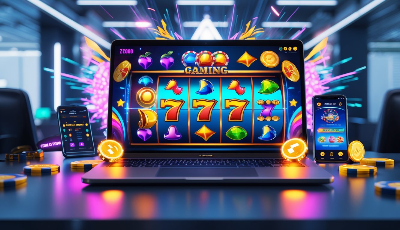 Sebuah meja kerja modern dengan komputer menampilkan permainan slot online berwarna-warni dan perangkat digital lain yang terkait dengan permainan kasino.