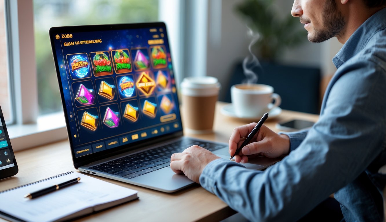 Seorang pemula yang percaya diri duduk di meja dengan laptop menampilkan permainan slot online, mencatat strategi di ruang kerja yang rapi dan terang.