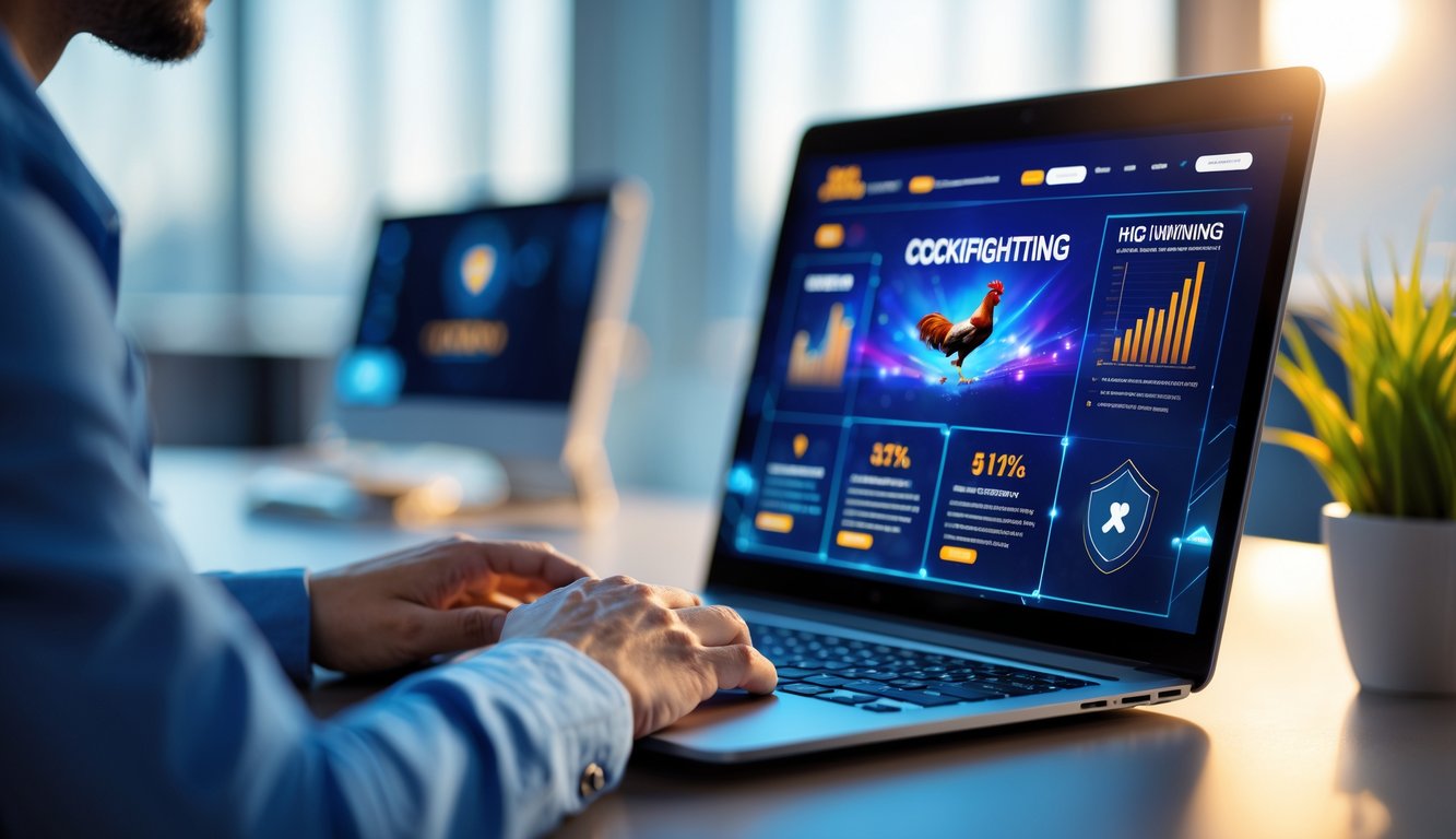 Seorang pengguna sedang menggunakan laptop dengan tampilan situs sabung ayam online yang menunjukkan grafik dan statistik di lingkungan kantor yang terang dan rapi.