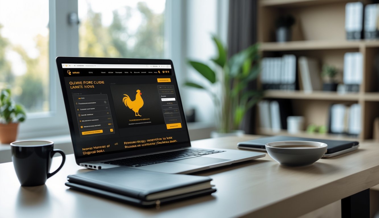 Meja kerja dengan laptop yang menampilkan situs web terkait sabung ayam online, dikelilingi oleh alat tulis dan tanaman kecil, dengan pencahayaan alami dari jendela.