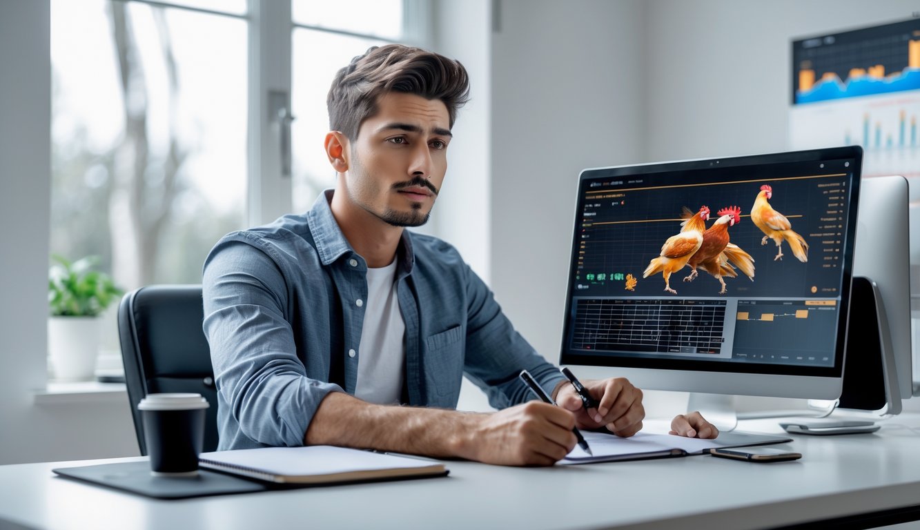 Seorang pria muda duduk di meja kerja dengan laptop, terlihat fokus menganalisis data dan membuat catatan di ruang kerja yang terang dan rapi.