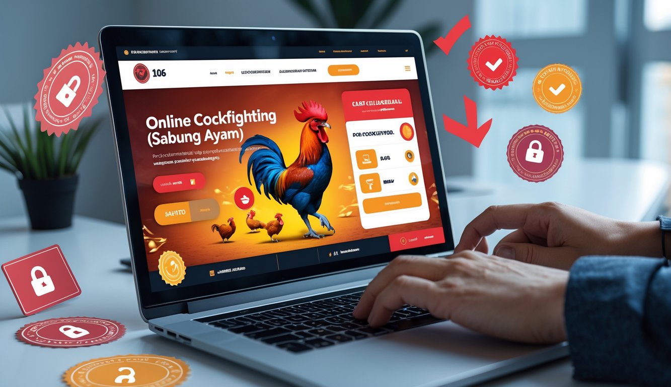 Seseorang menggunakan komputer dengan tampilan situs sabung ayam online resmi dan legal di layar.