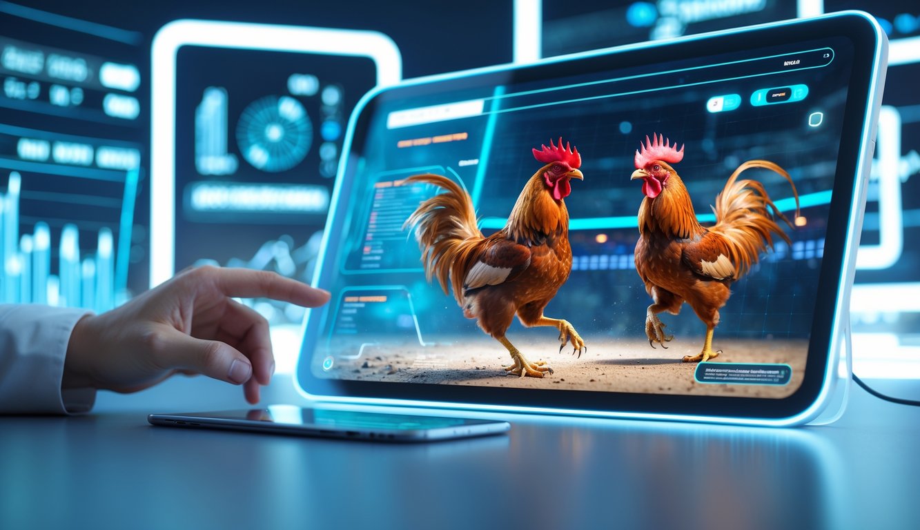Seseorang menggunakan layar sentuh transparan dengan animasi ayam jago di arena sabung ayam virtual di lingkungan teknologi modern.