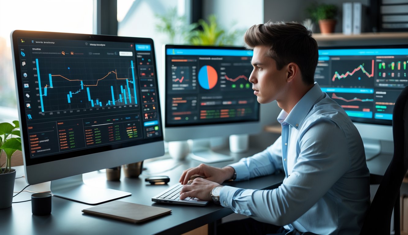 Seorang pria muda sedang duduk di meja kerja dengan beberapa layar komputer yang menampilkan grafik dan data, tampak fokus dan serius.