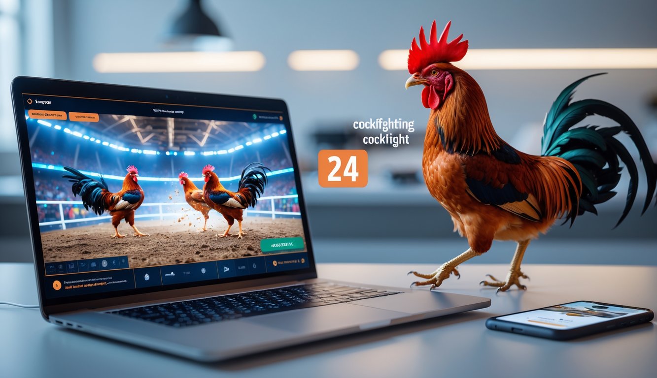 Tampilan antarmuka digital dengan streaming langsung sabung ayam di laptop dan ponsel di meja kerja modern.