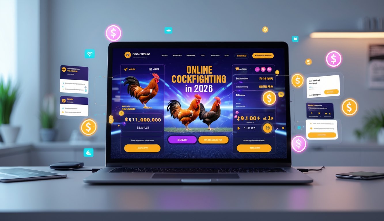 Seseorang menggunakan laptop yang menampilkan situs taruhan sabung ayam dengan ikon bonus dan promosi di layar.