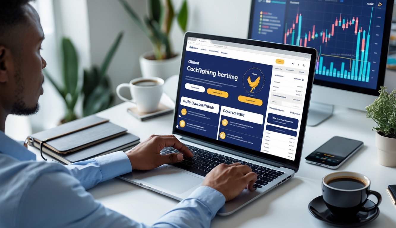 Seseorang menggunakan laptop di meja kerja modern dengan suasana terang dan rapi, menunjukkan aktivitas online yang aman dan cepat.