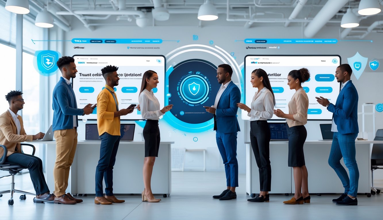 Orang-orang menggunakan laptop dan ponsel di kantor modern yang terang, menunjukkan suasana kerja yang aman dan cepat.