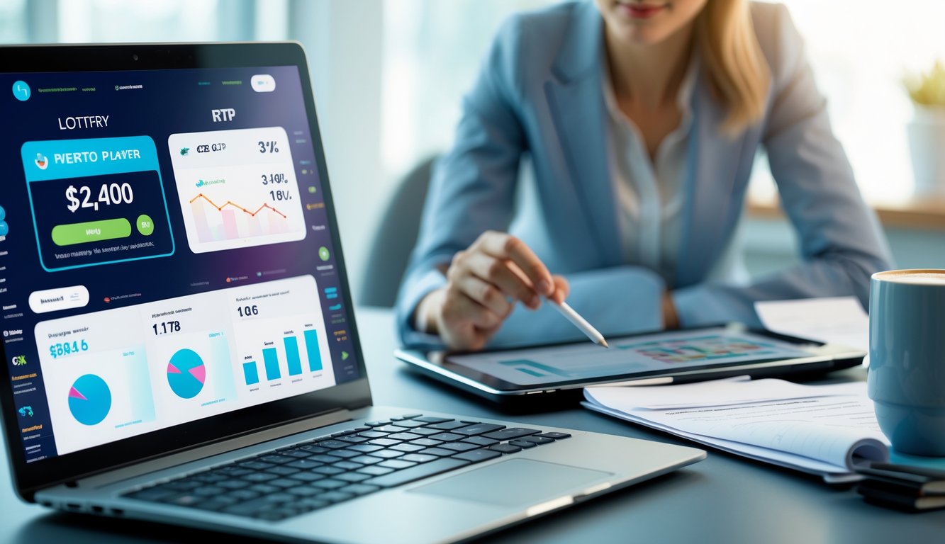 Seseorang sedang bekerja dengan laptop dan tablet di ruang kantor yang terang, menganalisis data lotere online.