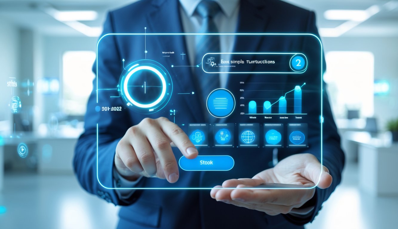 Seseorang memegang tablet dengan antarmuka digital modern di kantor yang terang dan bersih.