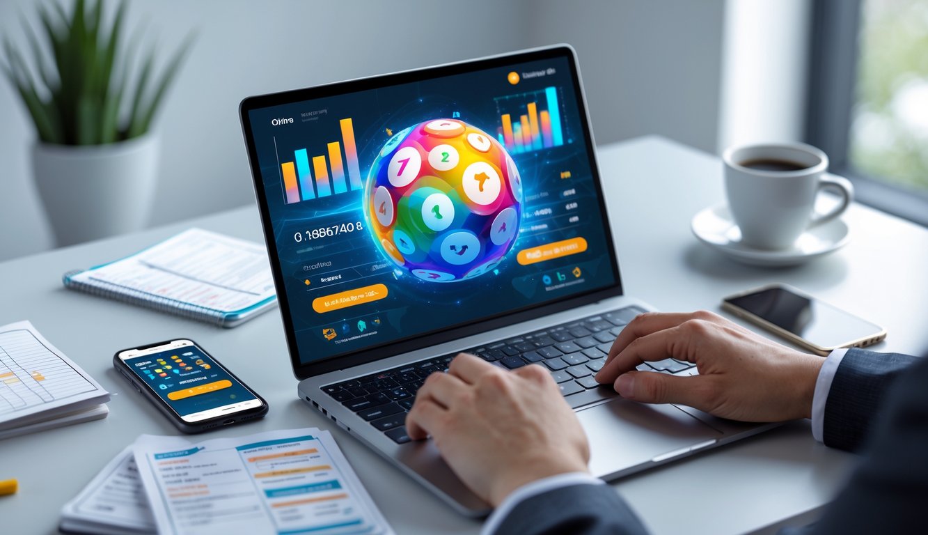 Sebuah ruang kerja modern dengan laptop yang menampilkan antarmuka permainan togel online, tangan seseorang sedang mengetik, dan beberapa catatan serta ponsel di meja.