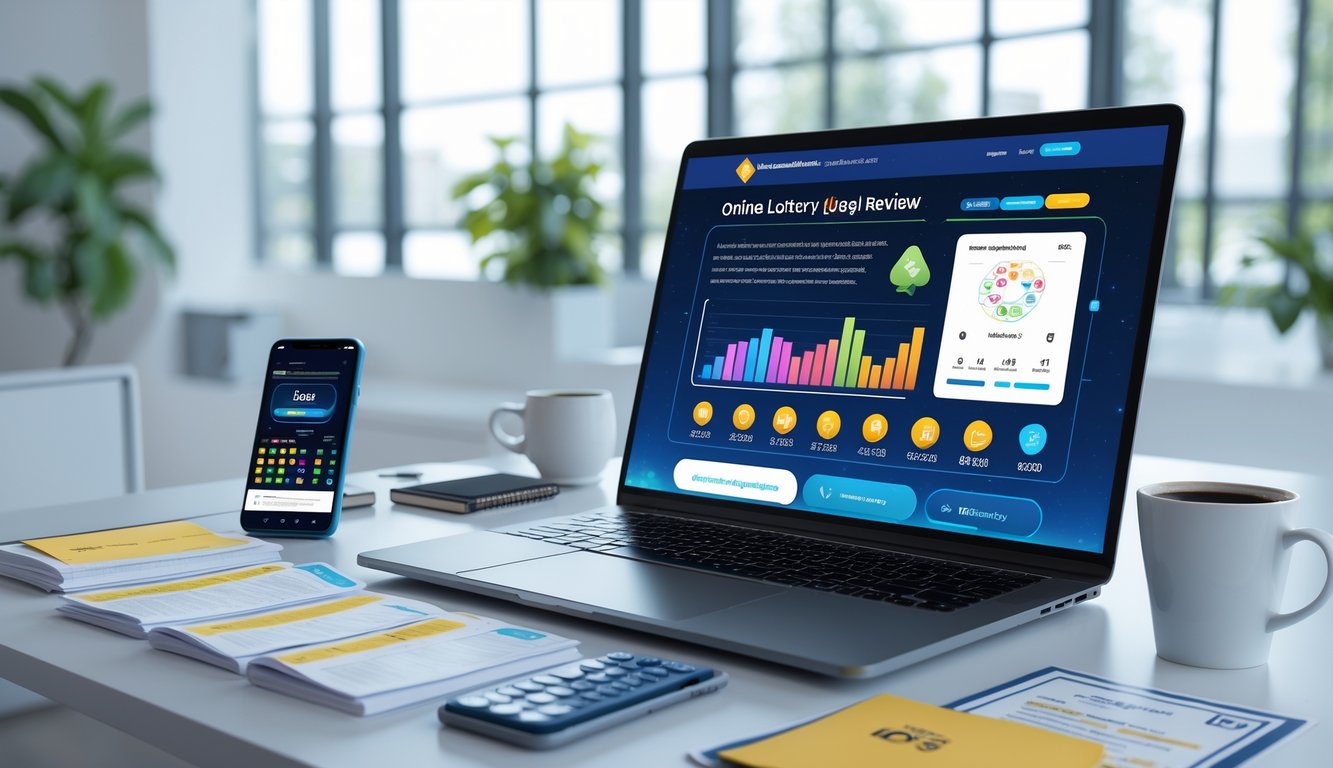 Sebuah meja kerja modern dengan laptop menampilkan situs togel online dan ponsel di sampingnya di ruang kantor yang terang.