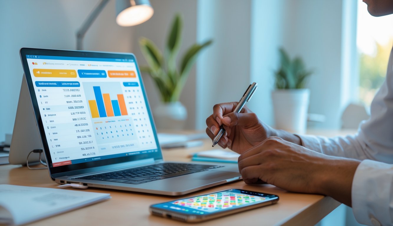 Seseorang sedang duduk di depan laptop dan smartphone, menganalisis data lotere online di meja kerja yang rapi.