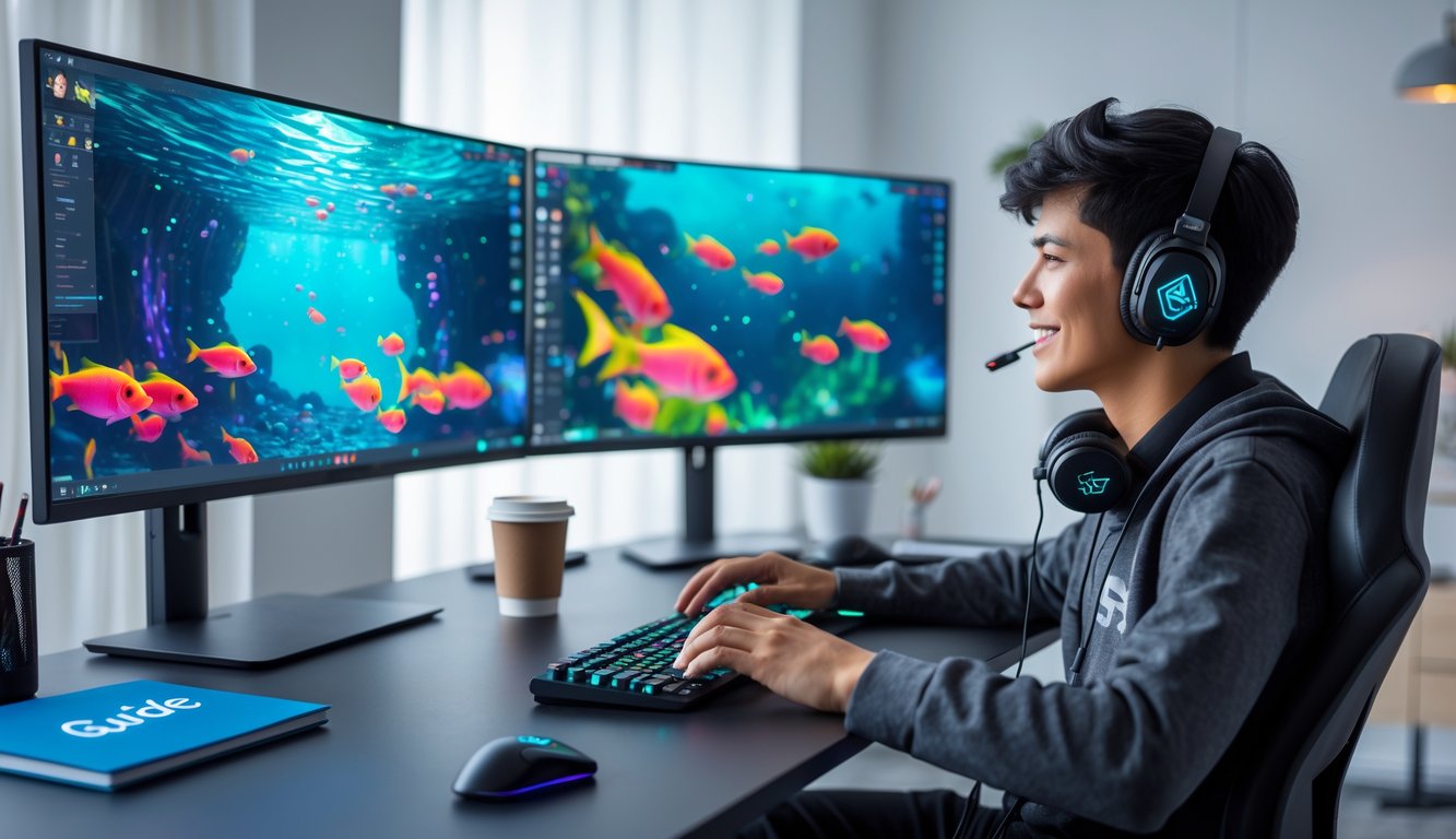 Seseorang duduk di depan komputer dengan layar menampilkan permainan tembak ikan, di sebuah ruang kerja yang rapi dan terang.