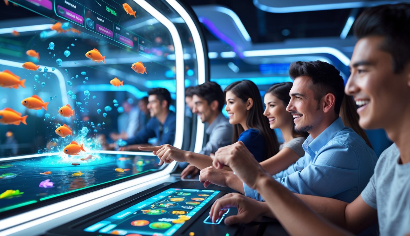 Beberapa orang muda sedang bermain game menembak ikan di layar digital futuristik dengan latar belakang warna-warni dan efek cahaya.