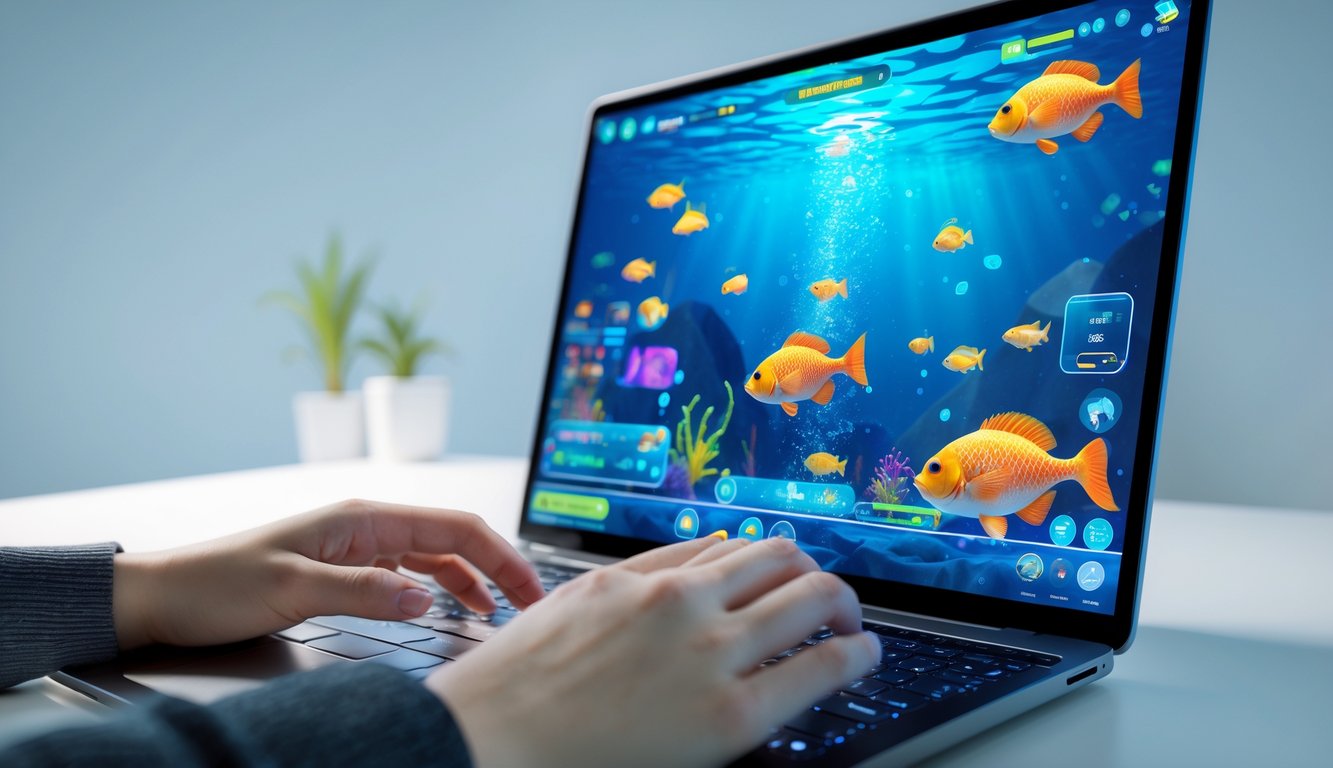 Tangan seseorang menggunakan komputer dengan layar menampilkan permainan tembak ikan online berwarna-warni.
