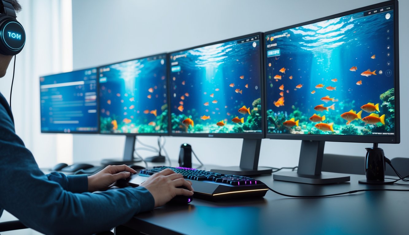 Seseorang sedang bermain game tembak ikan online dengan layar komputer yang menampilkan ikan berwarna-warni di bawah air.