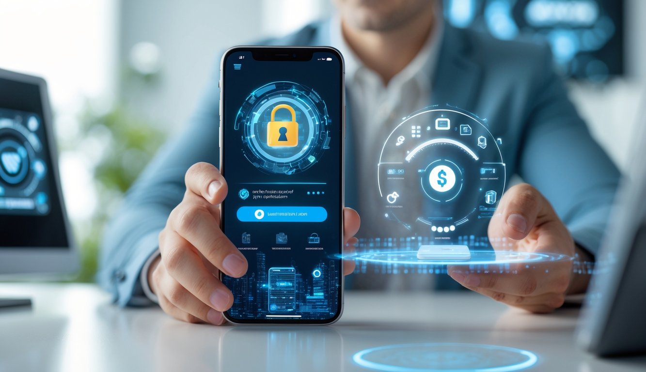 Seorang dewasa muda menggunakan ponsel pintar di lingkungan digital modern dengan layar yang menampilkan antarmuka pembayaran online yang aman.