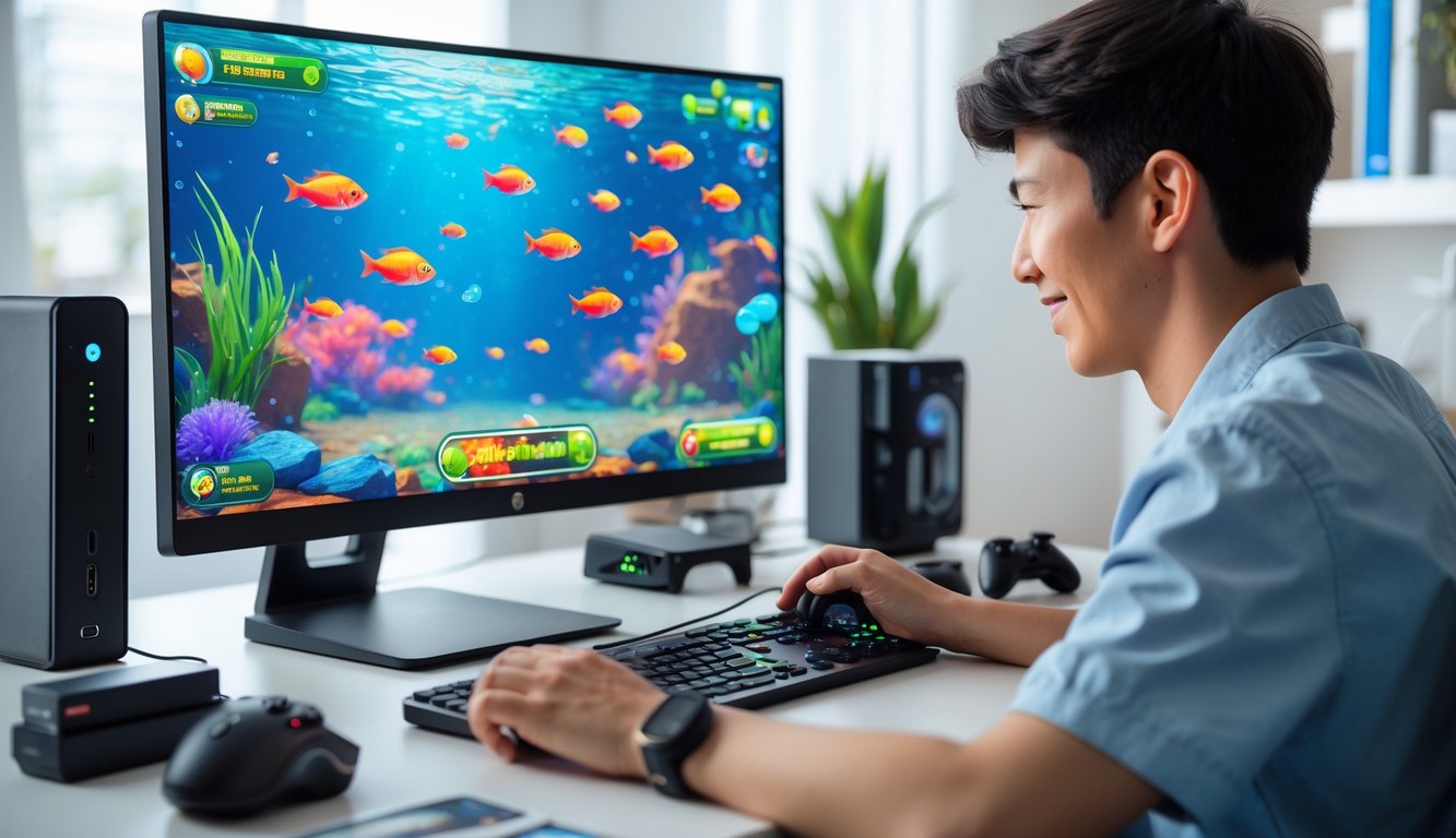 Seorang dewasa muda bermain game tembak ikan online di komputer di ruang kerja rumah yang rapi dan terang.