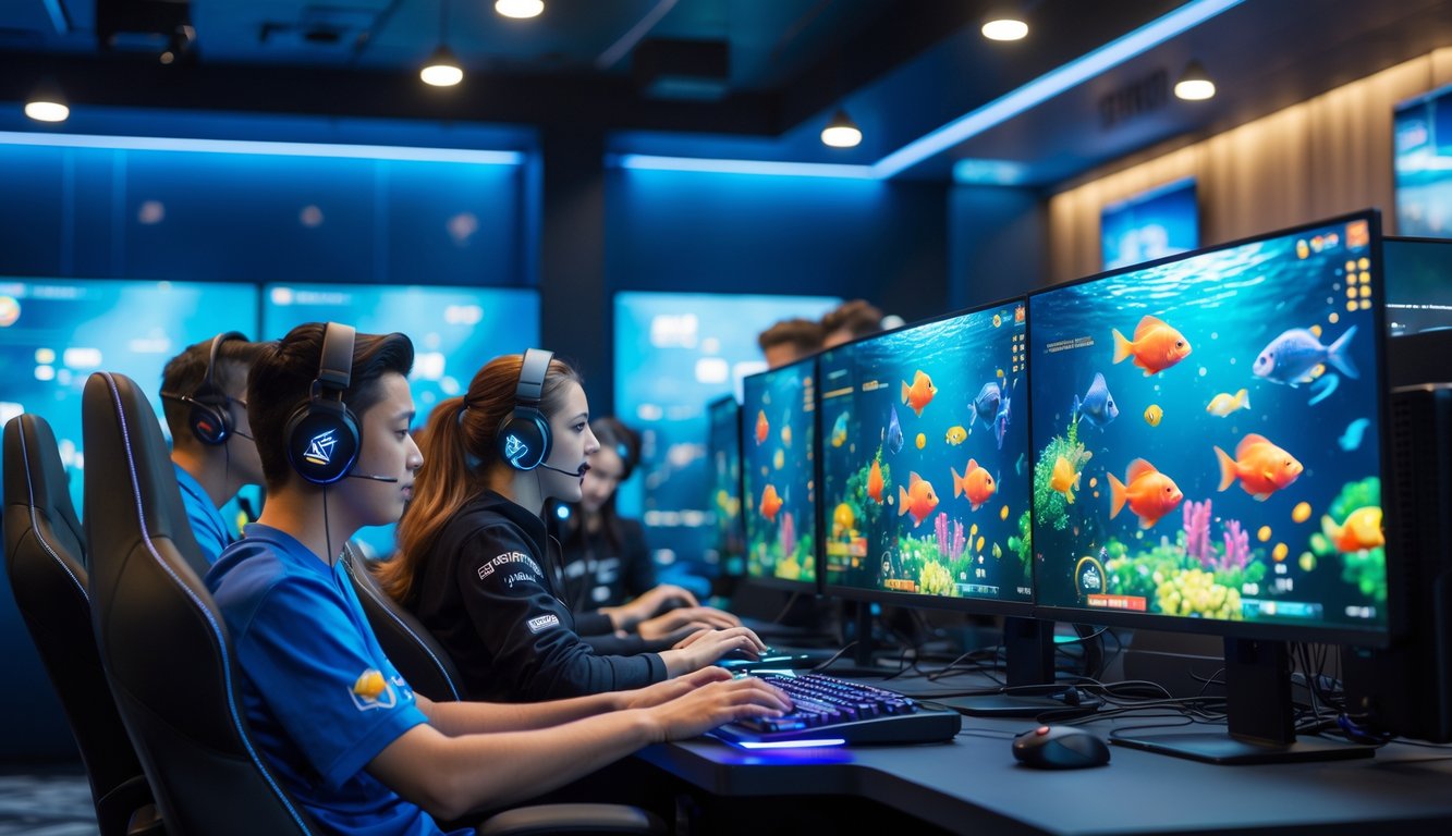 Sekelompok pemain fokus menggunakan komputer di ruang permainan modern dengan layar menampilkan grafik permainan ikan berwarna-warni.