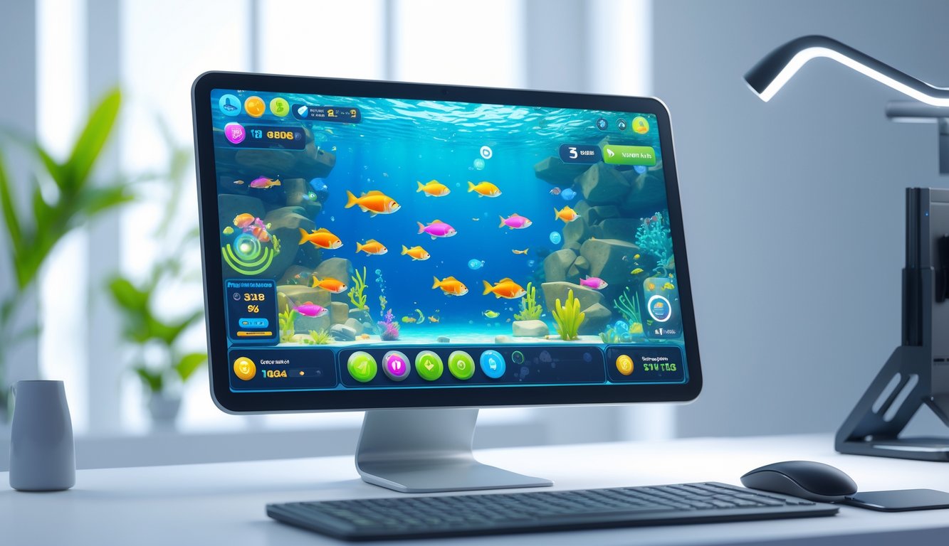 Layar komputer menampilkan permainan tembak ikan interaktif dengan ikan berwarna-warni di bawah laut.