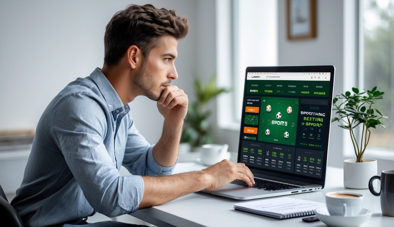 Seorang pria muda duduk di meja dengan laptop, fokus melihat layar yang menampilkan situs taruhan olahraga online, dikelilingi oleh ponsel, buku catatan, dan secangkir kopi di ruangan yang terang dan rapi.