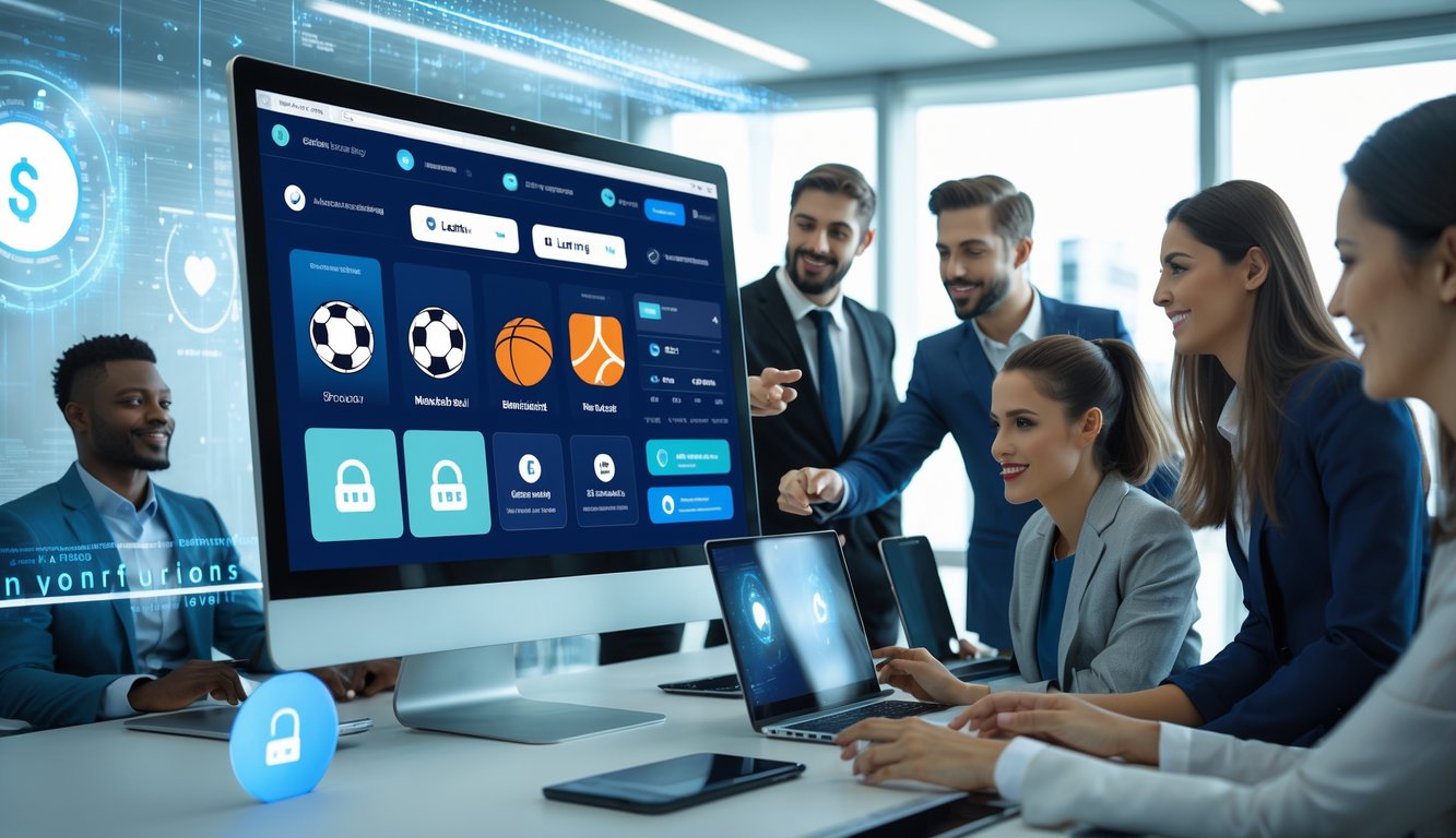 Sekelompok profesional muda sedang bekerja bersama di depan layar komputer yang menampilkan antarmuka taruhan olahraga online dengan ikon olahraga dan grafik, di ruang kantor modern.