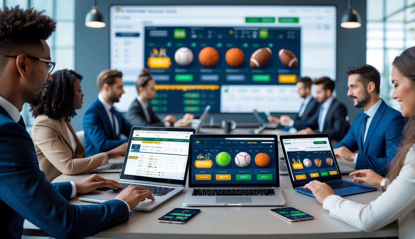 Beberapa orang menggunakan perangkat digital untuk memasang taruhan pada berbagai jenis olahraga di sebuah ruang kerja modern.