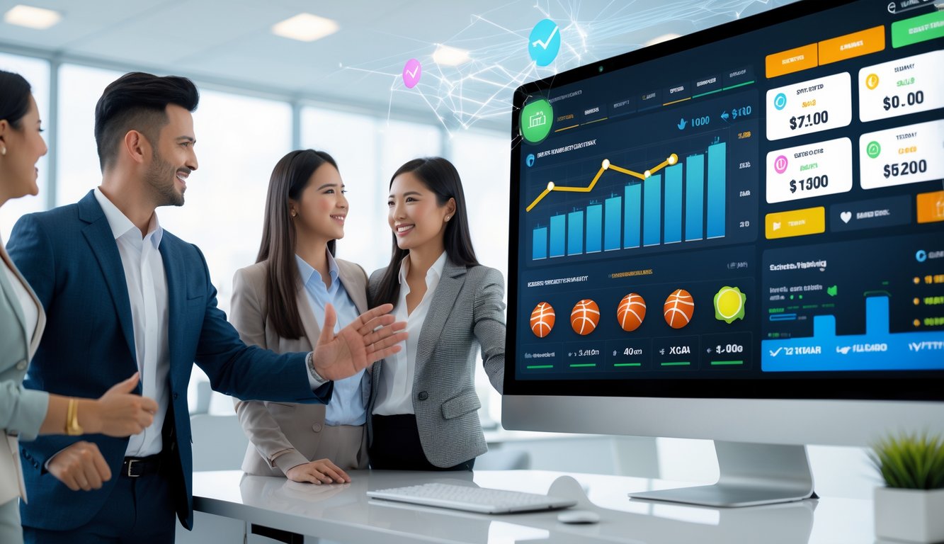 Sekelompok orang muda menggunakan komputer dengan tampilan antarmuka taruhan olahraga online, terlihat grafik dan ikon olahraga di layar, suasana cerah dan profesional.