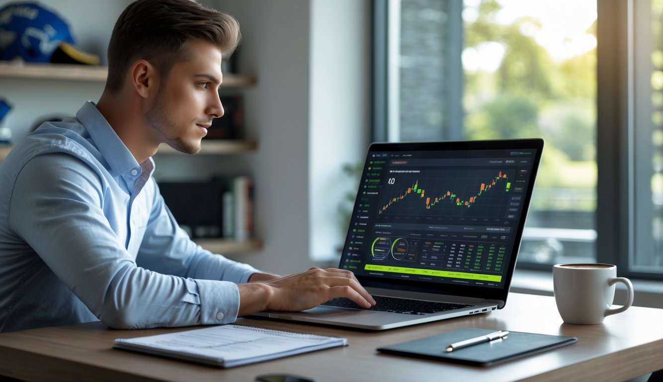 Seorang pria muda duduk di meja kerja dengan laptop dan ponsel menampilkan statistik taruhan olahraga.