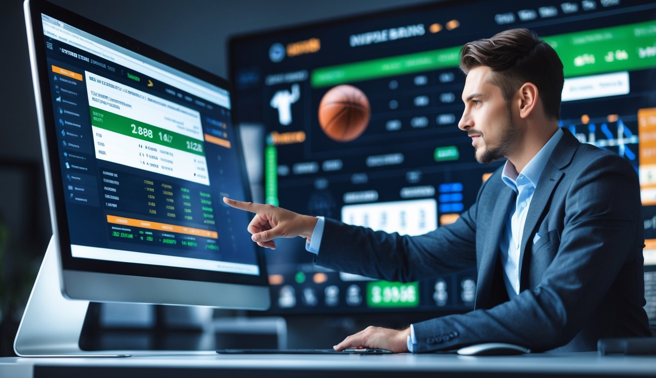 Orang sedang menggunakan komputer dengan layar menampilkan statistik dan peluang taruhan olahraga, di ruang kerja modern.