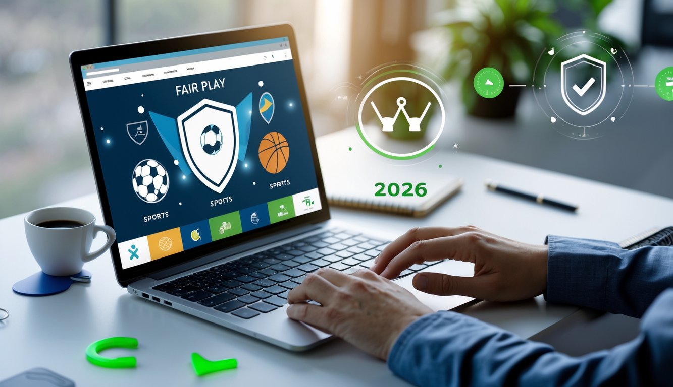 Seseorang sedang menggunakan laptop di meja kerja dengan tampilan situs taruhan olahraga online dan simbol kepercayaan di sekitar.