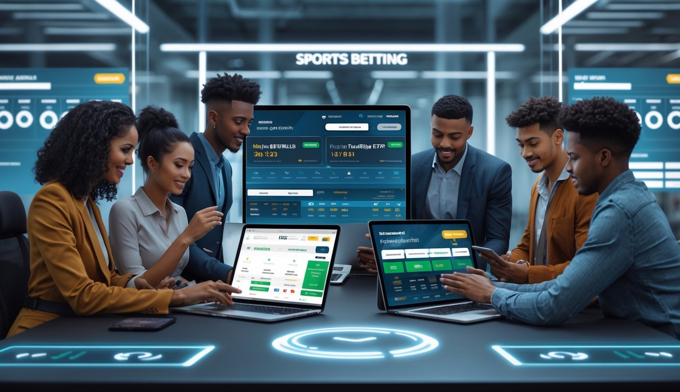Sekelompok orang muda menggunakan perangkat digital untuk bertaruh olahraga secara online di lingkungan kantor modern yang aman dan profesional.