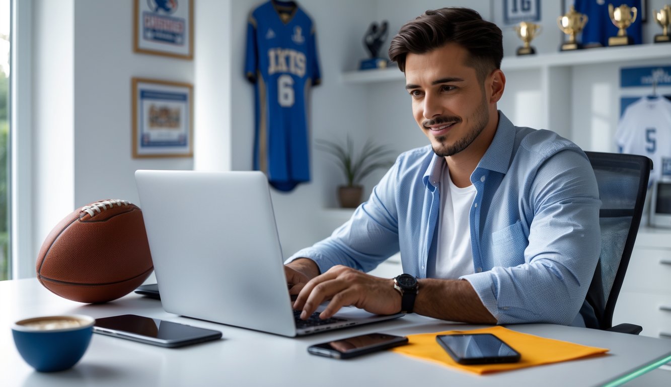 Seorang pria muda duduk di meja dengan laptop terbuka, sedang mengakses situs taruhan olahraga online di ruang kerja yang terang dan rapi.
