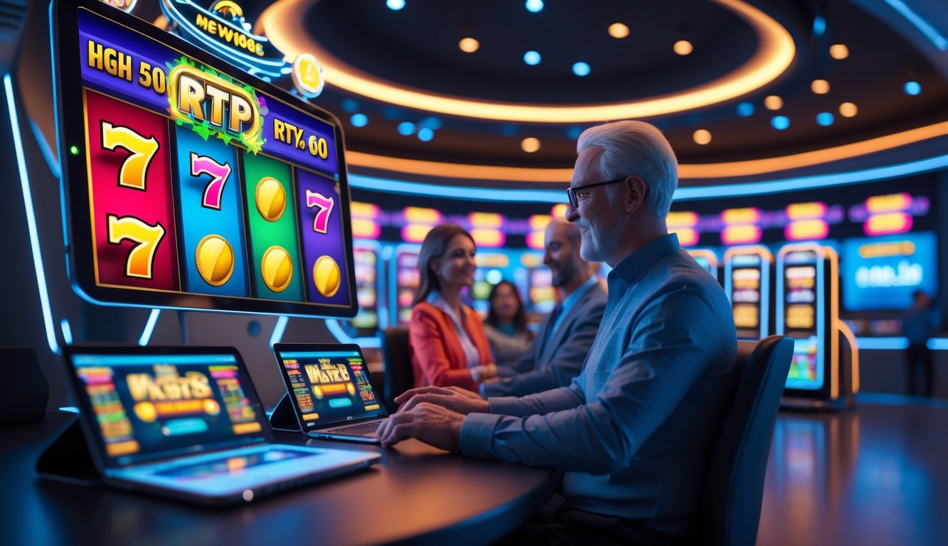 Orang-orang menggunakan perangkat digital untuk bermain mesin slot online dengan latar belakang layar menampilkan grafik dan simbol permainan yang berwarna-warni.